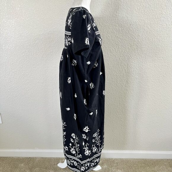 Vintage Loungees Small Black White Floral Mumu House Sleep Dress Kaftan Pockets - Picture 5 of 11